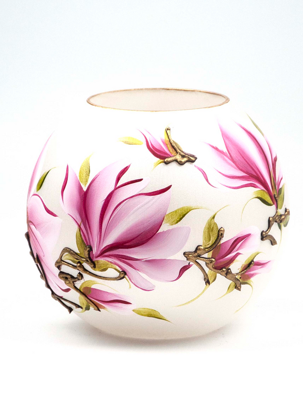 Handpainted Glass Vase with Pink Flowers | 6-Inch Art Glass Vase | Elegant Interior Design Decor | Round Table Vase for Home & Room - Premium  from Home Treasures - Just £74.99! Shop now at Home Treasures