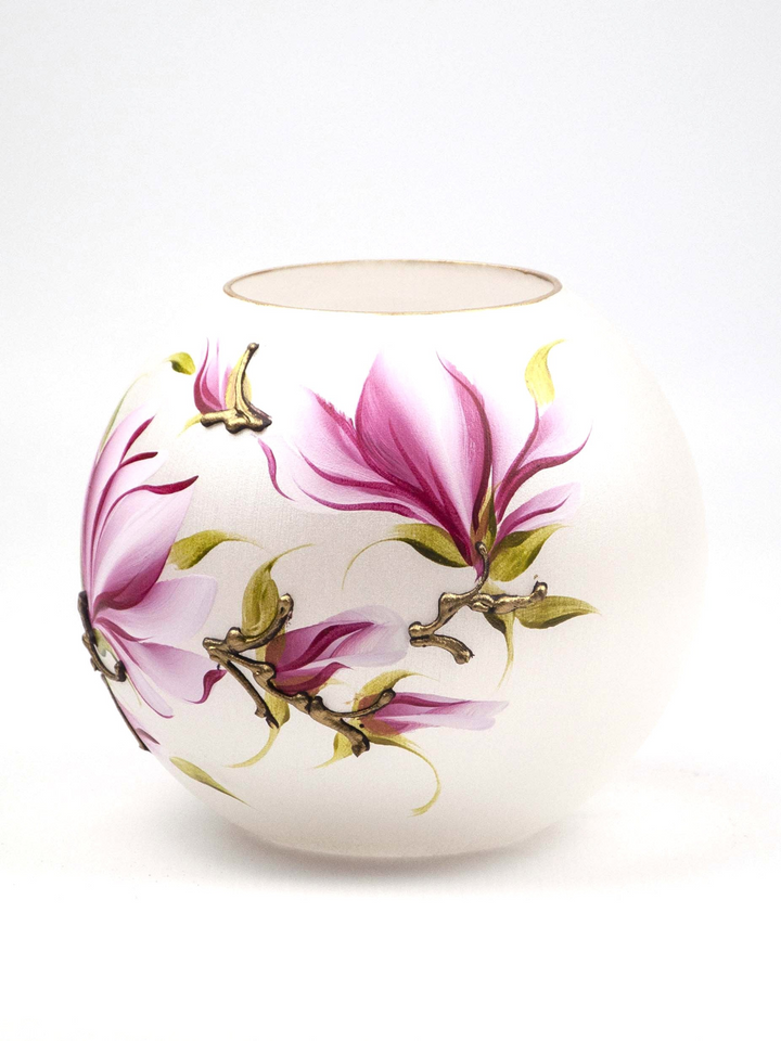 Handpainted Glass Vase with Pink Flowers | 6-Inch Art Glass Vase | Elegant Interior Design Decor | Round Table Vase for Home & Room - Premium  from Home Treasures - Just £74.99! Shop now at Home Treasures