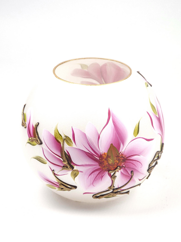 Handpainted Glass Vase with Pink Flowers | 6-Inch Art Glass Vase | Elegant Interior Design Decor | Round Table Vase for Home & Room - Premium  from Home Treasures - Just £74.99! Shop now at Home Treasures