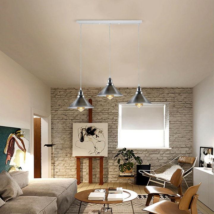 Modern Industrial Satin Nickel 3-Way Ceiling Pendant Light with Metal Cone Shape Shade - Ideal for Bar, Bedroom, Dining Room - Premium  from Home Treasures - Just £39.99! Shop now at Home Treasures