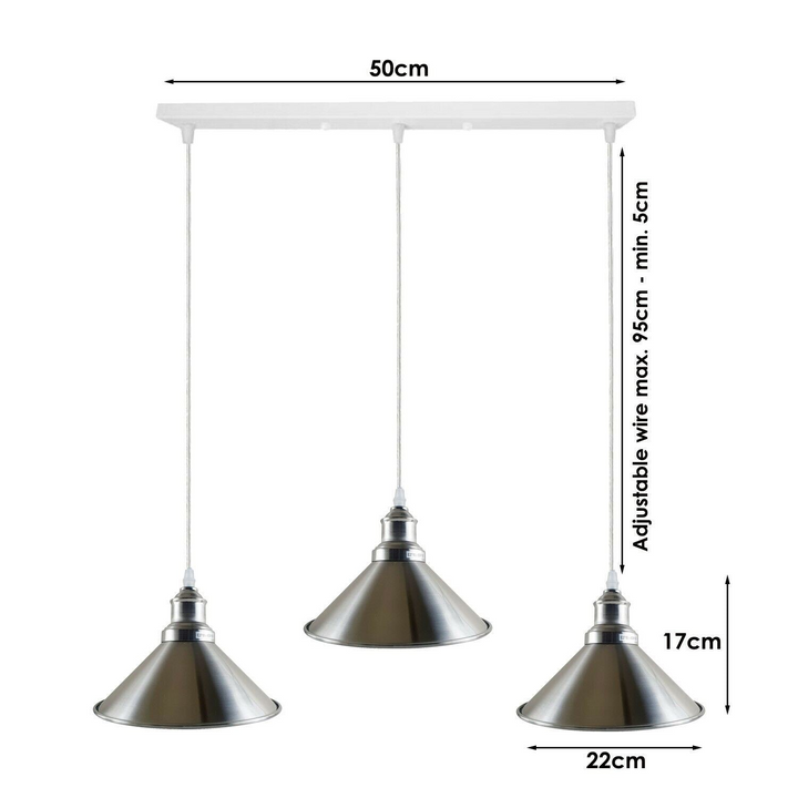 Modern Industrial Satin Nickel 3-Way Ceiling Pendant Light with Metal Cone Shape Shade - Ideal for Bar, Bedroom, Dining Room - Premium  from Home Treasures - Just £39.99! Shop now at Home Treasures