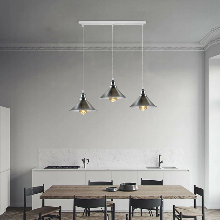 Modern Industrial Satin Nickel 3-Way Ceiling Pendant Light with Metal Cone Shape Shade - Ideal for Bar, Bedroom, Dining Room - Premium  from Home Treasures - Just £39.99! Shop now at Home Treasures