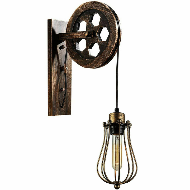 Retro/Industrial Pulley Wheel Wall Light with Metal Balloon Cage Shade - Adjustable Height, Antique Finish, Ideal for Indoor Spaces - Premium  from Home Treasures - Just £25.99! Shop now at Home Treasures