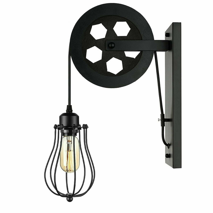 Retro/Industrial Pulley Wheel Wall Light with Metal Balloon Cage Shade - Adjustable Height, Antique Finish, Ideal for Indoor Spaces - Premium  from Home Treasures - Just £21.99! Shop now at Home Treasures