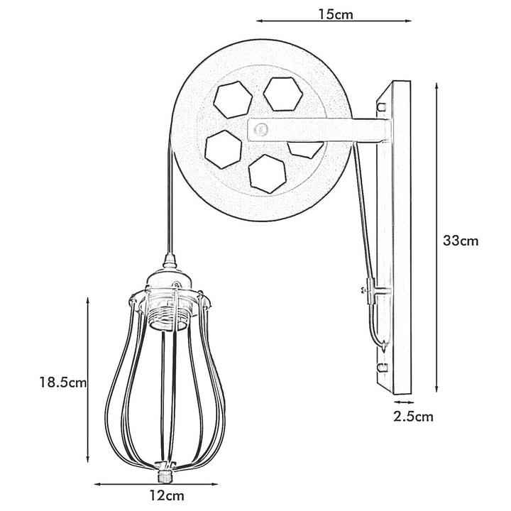 Retro/Industrial Pulley Wheel Wall Light with Metal Balloon Cage Shade - Adjustable Height, Antique Finish, Ideal for Indoor Spaces - Premium  from Home Treasures - Just £25.99! Shop now at Home Treasures