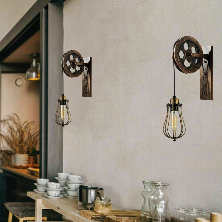 Retro/Industrial Pulley Wheel Wall Light with Metal Balloon Cage Shade - Adjustable Height, Antique Finish, Ideal for Indoor Spaces - Premium  from Home Treasures - Just £21.99! Shop now at Home Treasures