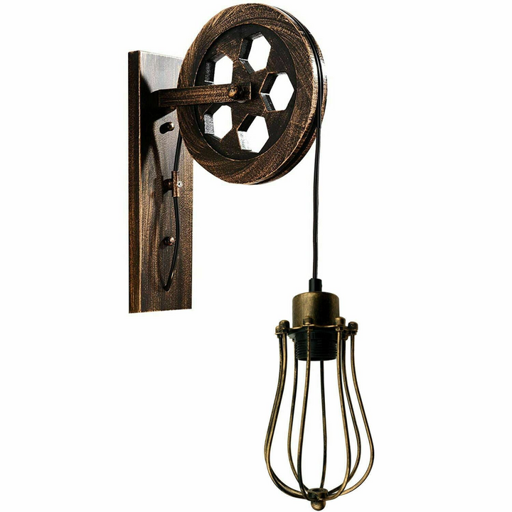 Retro/Industrial Pulley Wheel Wall Light with Metal Balloon Cage Shade - Adjustable Height, Antique Finish, Ideal for Indoor Spaces - Premium  from Home Treasures - Just £25.99! Shop now at Home Treasures