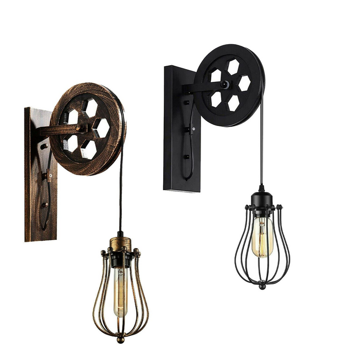 Retro/Industrial Pulley Wheel Wall Light with Metal Balloon Cage Shade - Adjustable Height, Antique Finish, Ideal for Indoor Spaces - Premium  from Home Treasures - Just £21.99! Shop now at Home Treasures