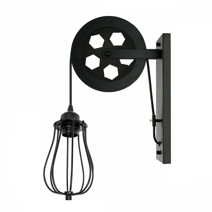 Retro/Industrial Pulley Wheel Wall Light with Metal Balloon Cage Shade - Adjustable Height, Antique Finish, Ideal for Indoor Spaces - Premium  from Home Treasures - Just £21.99! Shop now at Home Treasures