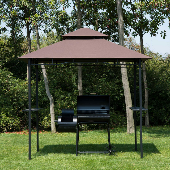 Double-Tier BBQ Gazebo (Coffee) - 252 x 245 x 148cm | Perfect Outdoor Grill Shelter with Two Side Shelves and Bottle Opener - Premium  from Home Treasures - Just £175.99! Shop now at Home Treasures