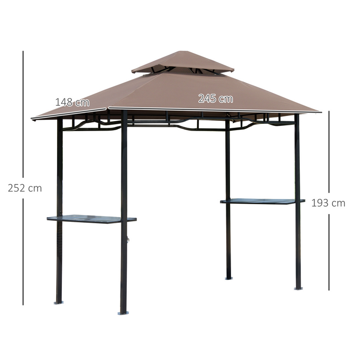 Double-Tier BBQ Gazebo (Coffee) - 252 x 245 x 148cm | Perfect Outdoor Grill Shelter with Two Side Shelves and Bottle Opener - Premium  from Home Treasures - Just £175.99! Shop now at Home Treasures