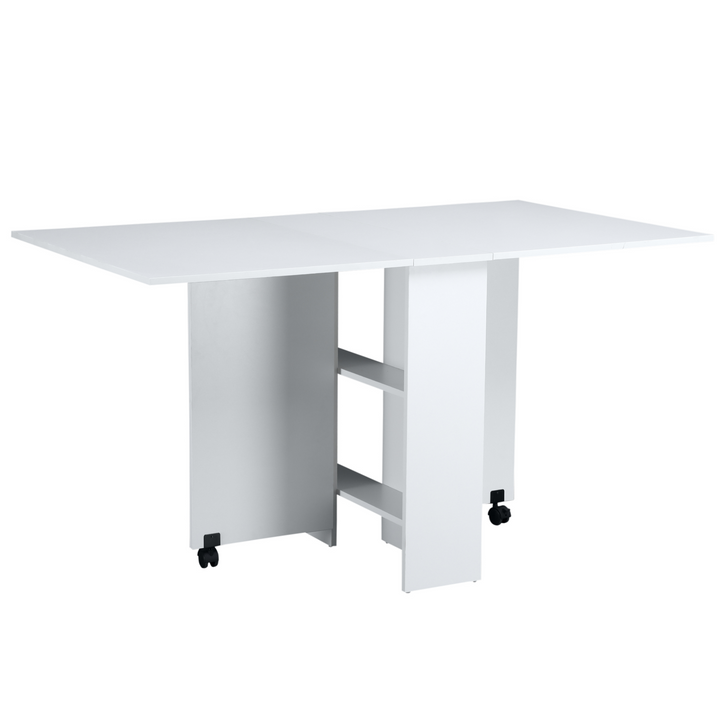 Mobile Drop Leaf Dining Kitchen Table - Space-Saving Folding Desk with Wheels & Storage Shelves - White - Premium  from Home Treasures - Just £124.99! Shop now at Home Treasures