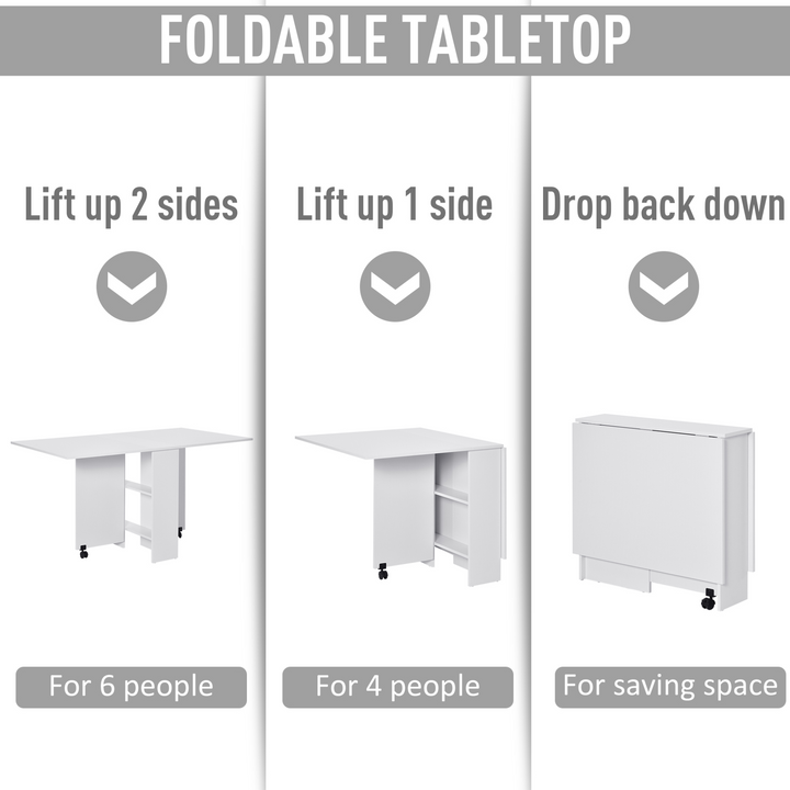 Mobile Drop Leaf Dining Kitchen Table - Space-Saving Folding Desk with Wheels & Storage Shelves - White - Premium  from Home Treasures - Just £124.99! Shop now at Home Treasures