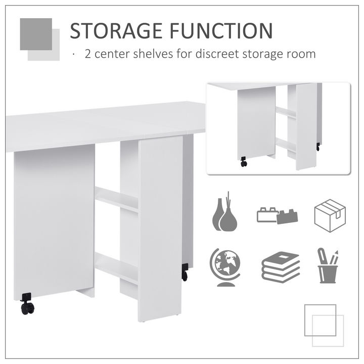 Mobile Drop Leaf Dining Kitchen Table - Space-Saving Folding Desk with Wheels & Storage Shelves - White - Premium  from Home Treasures - Just £124.99! Shop now at Home Treasures