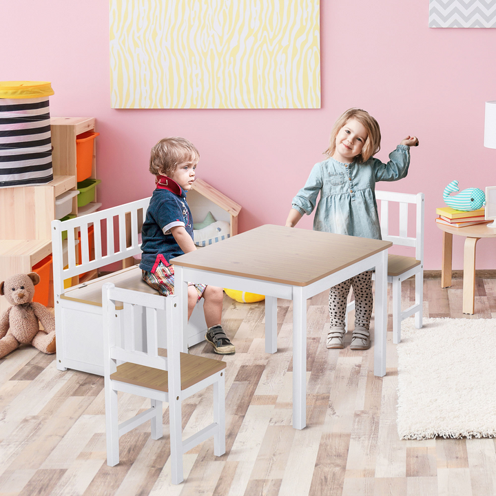 4-Piece Children's Table and Chair Set with Storage Bench - Modern Design, Natural/White - Premium  from Home Treasures - Just £124.99! Shop now at Home Treasures