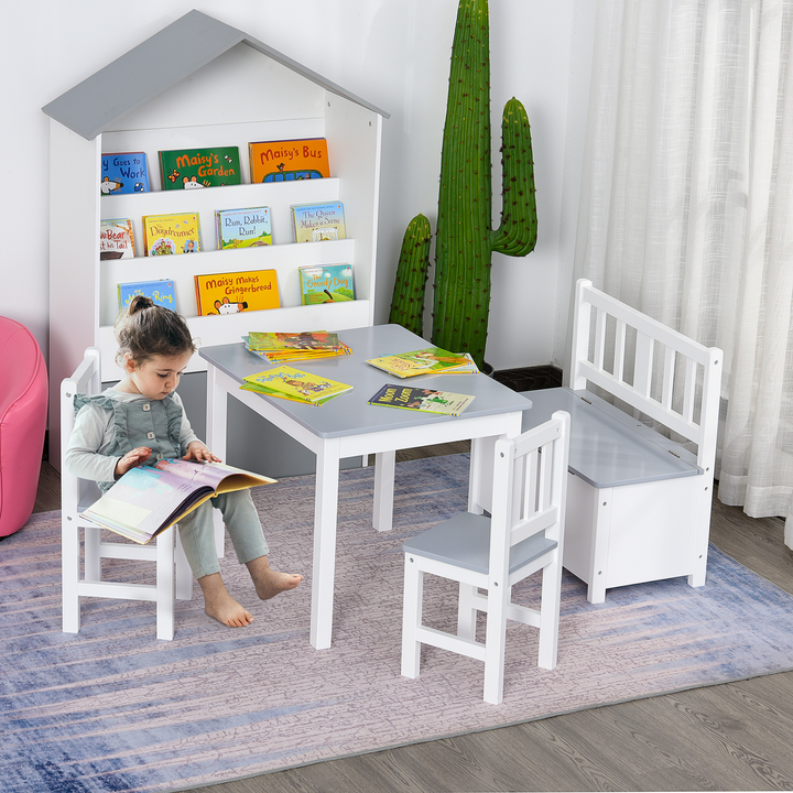 4-Piece Children's Table and Chair Set with Storage Bench - Modern Grey/White Design - Premium  from Home Treasures - Just £122.99! Shop now at Home Treasures