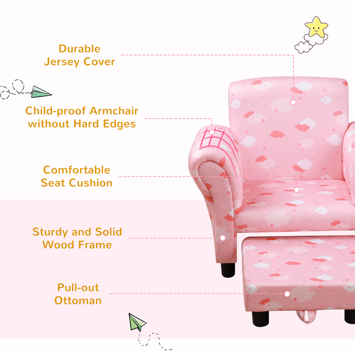 Adorable Children's Armchair with Footrest - Cute Cloud Star Design in Pink & White - Premium  from Home Treasures - Just £76.99! Shop now at Home Treasures