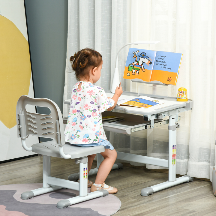 Children's Adjustable Study Desk & Chair Set with USB Lamp, Storage Drawer in Gray & White - Premium  from Home Treasures - Just £111.99! Shop now at Home Treasures