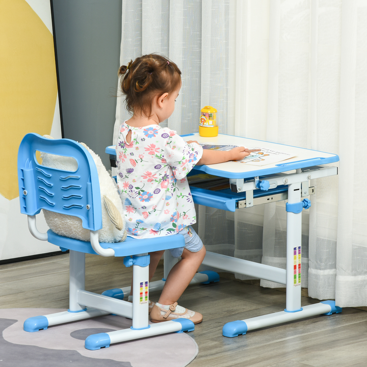 Children's Ergonomic Height Adjustable Desk & Chair Set with Tiltable Desktop, Drawer, Pen Slot & Hook - Blue | Ages 6-12 - Premium  from Home Treasures - Just £110.99! Shop now at Home Treasures