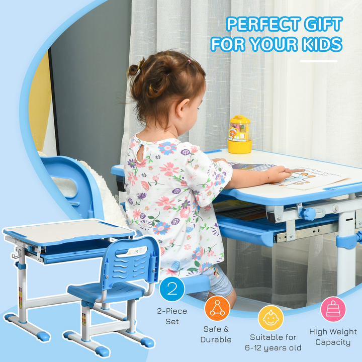 Children's Ergonomic Height Adjustable Desk & Chair Set with Tiltable Desktop, Drawer, Pen Slot & Hook - Blue | Ages 6-12 - Premium  from Home Treasures - Just £110.99! Shop now at Home Treasures