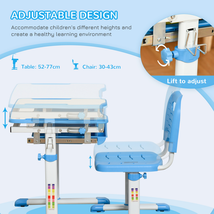 Children's Ergonomic Height Adjustable Desk & Chair Set with Tiltable Desktop, Drawer, Pen Slot & Hook - Blue | Ages 6-12 - Premium  from Home Treasures - Just £110.99! Shop now at Home Treasures