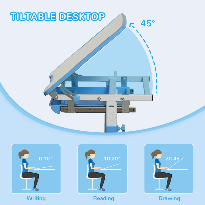 Children's Ergonomic Height Adjustable Desk & Chair Set with Tiltable Desktop, Drawer, Pen Slot & Hook - Blue | Ages 6-12 - Premium  from Home Treasures - Just £110.99! Shop now at Home Treasures