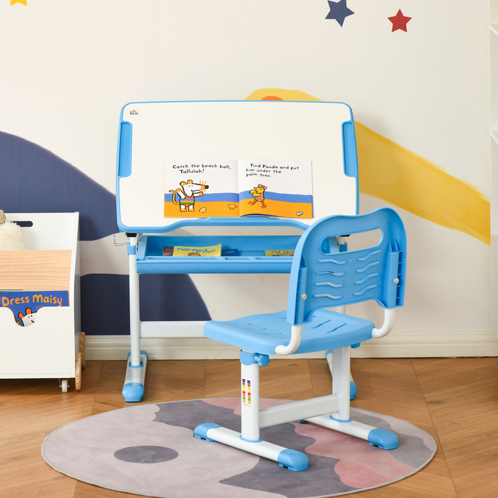 Children's Ergonomic Height Adjustable Desk & Chair Set with Tiltable Desktop, Drawer, Pen Slot & Hook - Blue | Ages 6-12 - Premium  from Home Treasures - Just £110.99! Shop now at Home Treasures