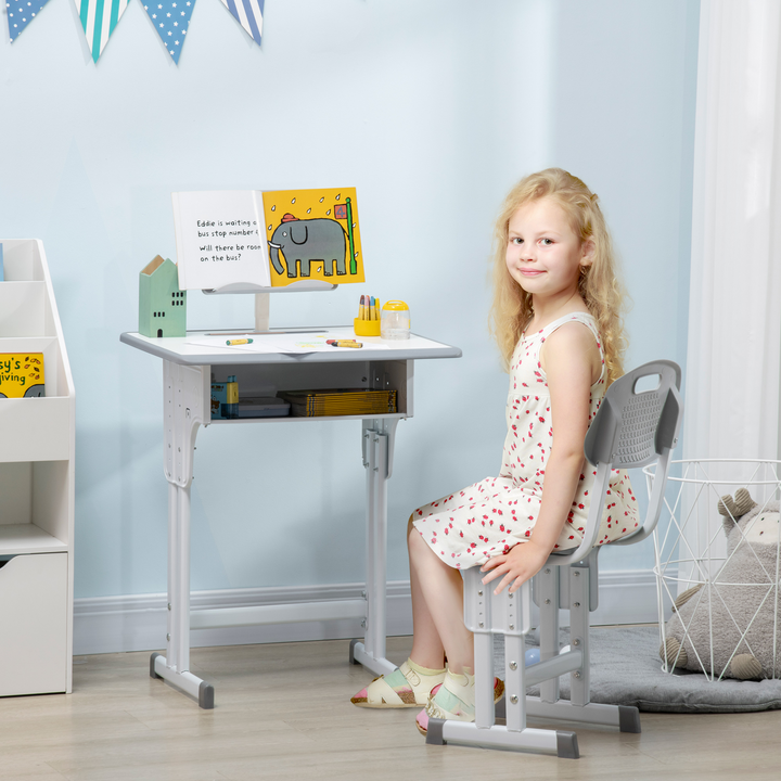 Adjustable Children's Desk and Chair Set - Grey Study Table with Storage, Book Stand, and Cup Holder - Premium  from Home Treasures - Just £84.99! Shop now at Home Treasures