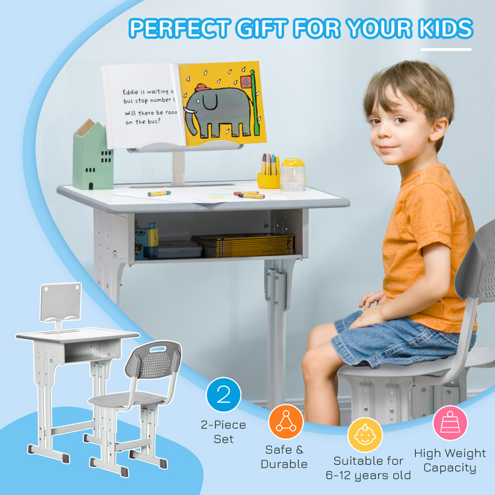 Adjustable Children's Desk and Chair Set - Grey Study Table with Storage, Book Stand, and Cup Holder - Premium  from Home Treasures - Just £84.99! Shop now at Home Treasures