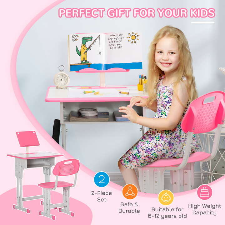 Adjustable Children's Desk and Chair Set with Drawer, Book Stand, Cup Holder, and Pen Slot - Ideal Study Table for Ages 6-12 - Pink - Premium  from Home Treasures - Just £87.99! Shop now at Home Treasures