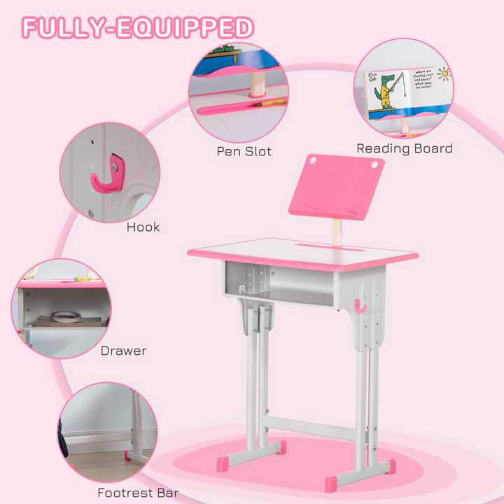 Adjustable Children's Desk and Chair Set with Drawer, Book Stand, Cup Holder, and Pen Slot - Ideal Study Table for Ages 6-12 - Pink - Premium  from Home Treasures - Just £87.99! Shop now at Home Treasures