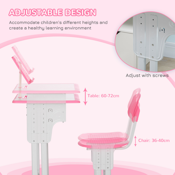 Adjustable Children's Desk and Chair Set with Drawer, Book Stand, Cup Holder, and Pen Slot - Ideal Study Table for Ages 6-12 - Pink - Premium  from Home Treasures - Just £87.99! Shop now at Home Treasures