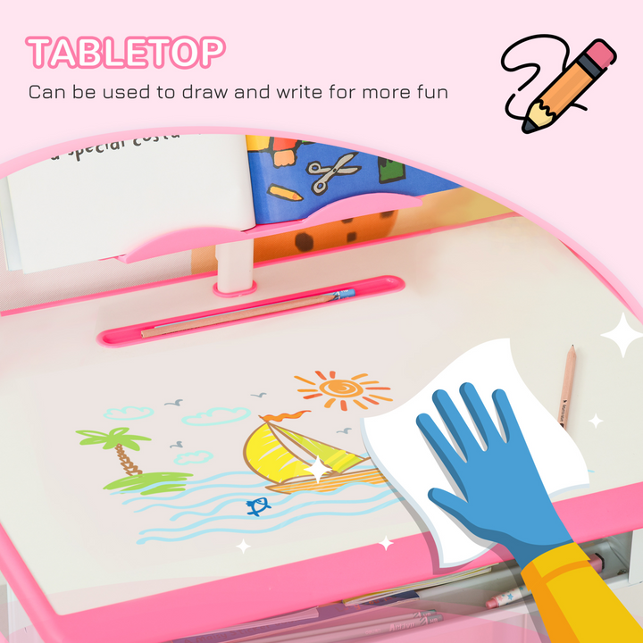 Adjustable Children's Desk and Chair Set with Drawer, Book Stand, Cup Holder, and Pen Slot - Ideal Study Table for Ages 6-12 - Pink - Premium  from Home Treasures - Just £87.99! Shop now at Home Treasures