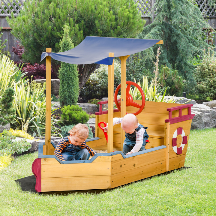 Children's Pirate Ship Sandboat with Canopy, Storage & Bench - Durable Wooden Structure, Easy Clean Bottomless Design, Perfect for Outdoor Play - Premium Sandbox from Home Treasures - Just £170.99! Shop now at Home Treasures