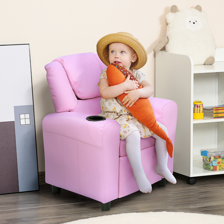 Children's Pink Recliner Armchair with Cup Holder - PU Leather Lounger Sofa for Kids' Games & Relaxation - Premium  from Home Treasures - Just £116.99! Shop now at Home Treasures