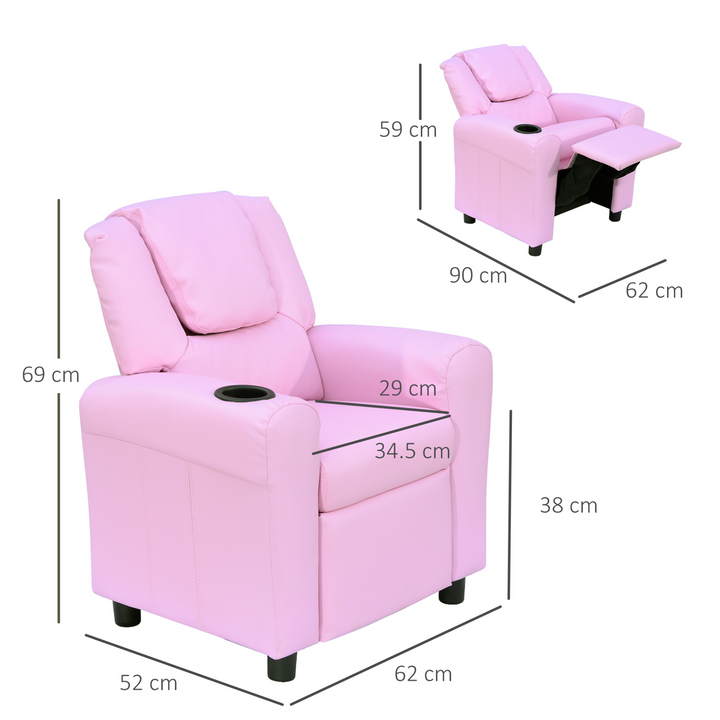 Children's Pink Recliner Armchair with Cup Holder - PU Leather Lounger Sofa for Kids' Games & Relaxation - Premium  from Home Treasures - Just £116.99! Shop now at Home Treasures