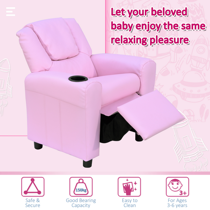 Children's Pink Recliner Armchair with Cup Holder - PU Leather Lounger Sofa for Kids' Games & Relaxation - Premium  from Home Treasures - Just £116.99! Shop now at Home Treasures