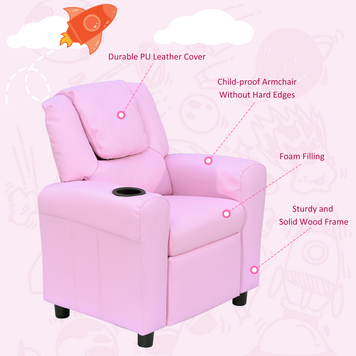 Children's Pink Recliner Armchair with Cup Holder - PU Leather Lounger Sofa for Kids' Games & Relaxation - Premium  from Home Treasures - Just £116.99! Shop now at Home Treasures