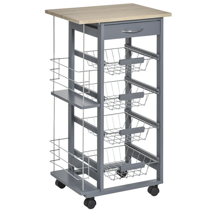 Rolling Kitchen Cart, Grey Utility Storage with 4 Basket Drawers & Side Racks, Versatile Mobile Kitchen Island with Wheels - Premium  from Home Treasures - Just £82.99! Shop now at Home Treasures