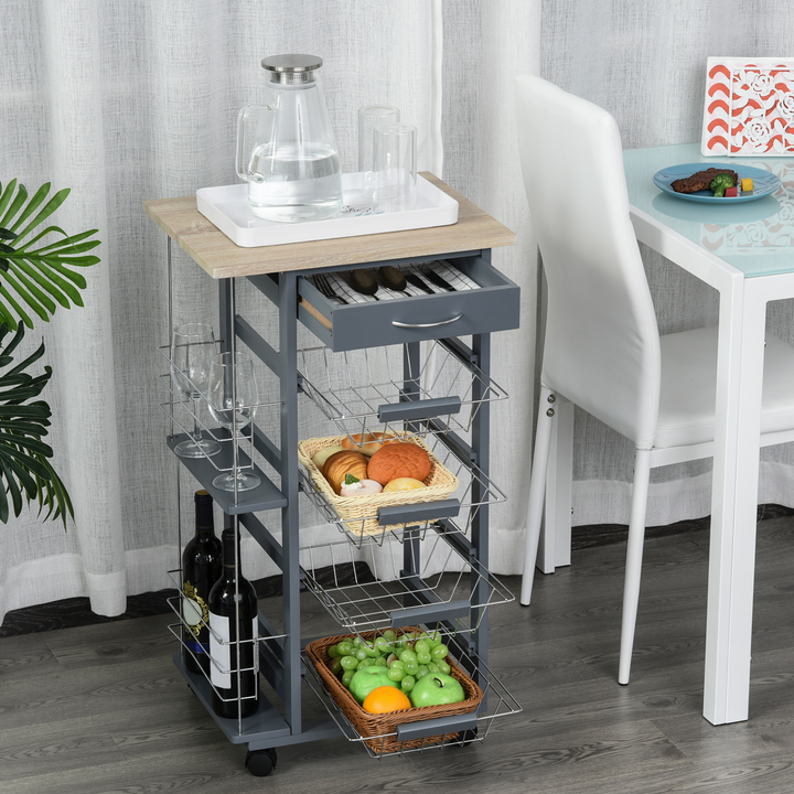 Rolling Kitchen Cart, Grey Utility Storage with 4 Basket Drawers & Side Racks, Versatile Mobile Kitchen Island with Wheels - Premium  from Home Treasures - Just £82.99! Shop now at Home Treasures