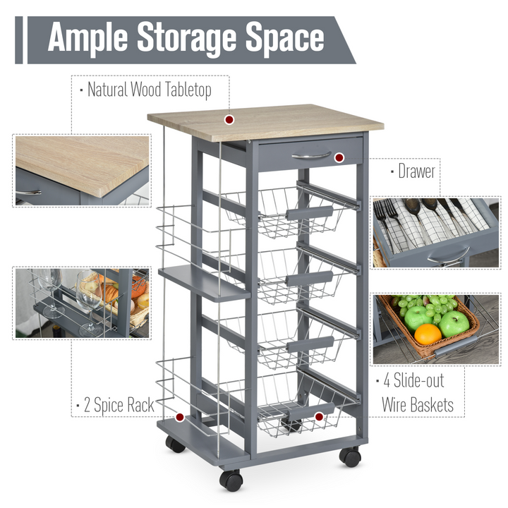 Rolling Kitchen Cart, Grey Utility Storage with 4 Basket Drawers & Side Racks, Versatile Mobile Kitchen Island with Wheels - Premium  from Home Treasures - Just £82.99! Shop now at Home Treasures