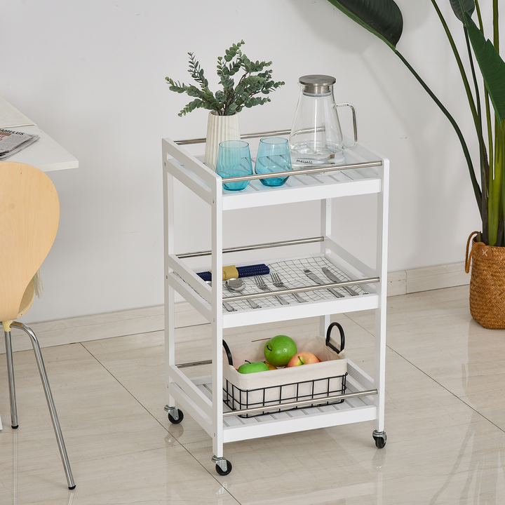 3-Tier Kitchen Storage Cart with Steel Bars, 4 Universal Wheels, and Rolling Organiser Unit - White - Premium  from Home Treasures - Just £52.99! Shop now at Home Treasures