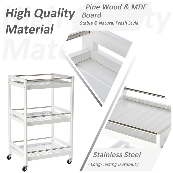 3-Tier Kitchen Storage Cart with Steel Bars, 4 Universal Wheels, and Rolling Organiser Unit - White - Premium  from Home Treasures - Just £52.99! Shop now at Home Treasures