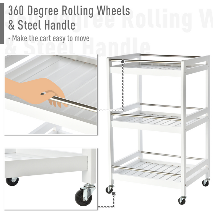 3-Tier Kitchen Storage Cart with Steel Bars, 4 Universal Wheels, and Rolling Organiser Unit - White - Premium  from Home Treasures - Just £52.99! Shop now at Home Treasures