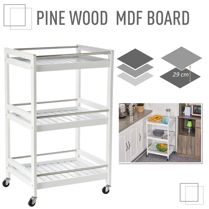 3-Tier Kitchen Storage Cart with Steel Bars, 4 Universal Wheels, and Rolling Organiser Unit - White - Premium  from Home Treasures - Just £52.99! Shop now at Home Treasures