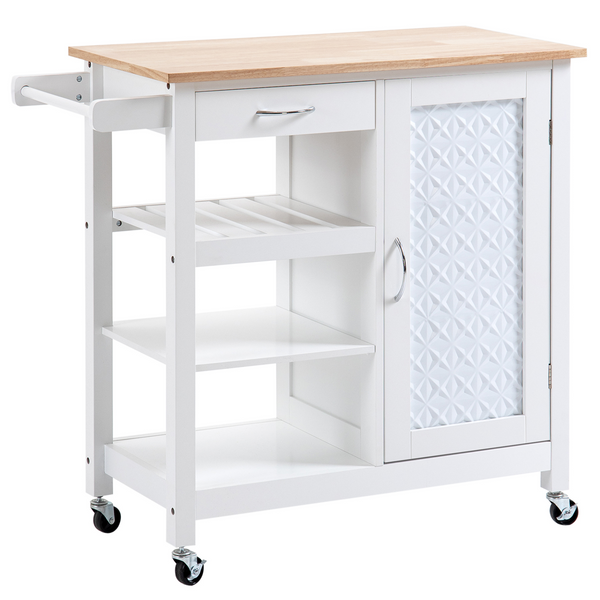 Kitchen Trolley, Kitchen Island on Wheels with Embossed Door Panel, Utility Kitchen Cart with 3 Storage Shelves, White - Premium  from Home Treasures - Just £94.99! Shop now at Home Treasures