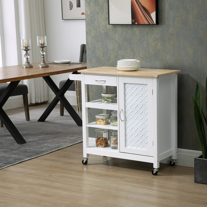 Kitchen Trolley, Kitchen Island on Wheels with Embossed Door Panel, Utility Kitchen Cart with 3 Storage Shelves, White - Premium  from Home Treasures - Just £94.99! Shop now at Home Treasures