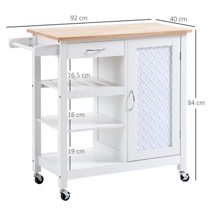 Kitchen Trolley, Kitchen Island on Wheels with Embossed Door Panel, Utility Kitchen Cart with 3 Storage Shelves, White - Premium  from Home Treasures - Just £94.99! Shop now at Home Treasures