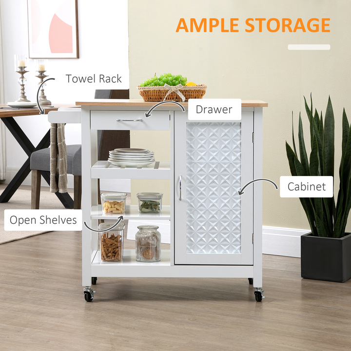 Kitchen Trolley, Kitchen Island on Wheels with Embossed Door Panel, Utility Kitchen Cart with 3 Storage Shelves, White - Premium  from Home Treasures - Just £94.99! Shop now at Home Treasures