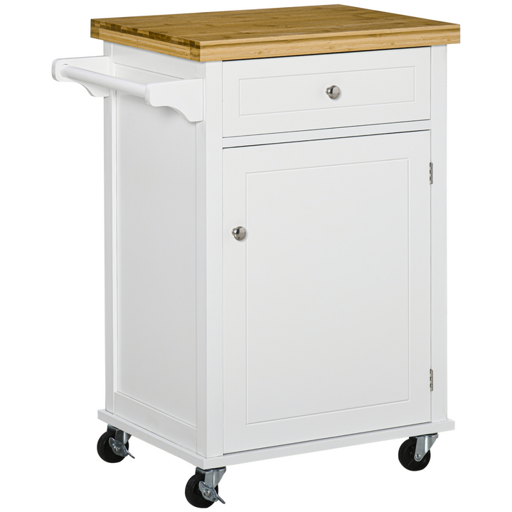 Kitchen Cart Storage Trolley - Elegant White Wooden Cabinet with Drawer, Cupboard, and Towel Rail - Premium  from Home Treasures - Just £144.99! Shop now at Home Treasures